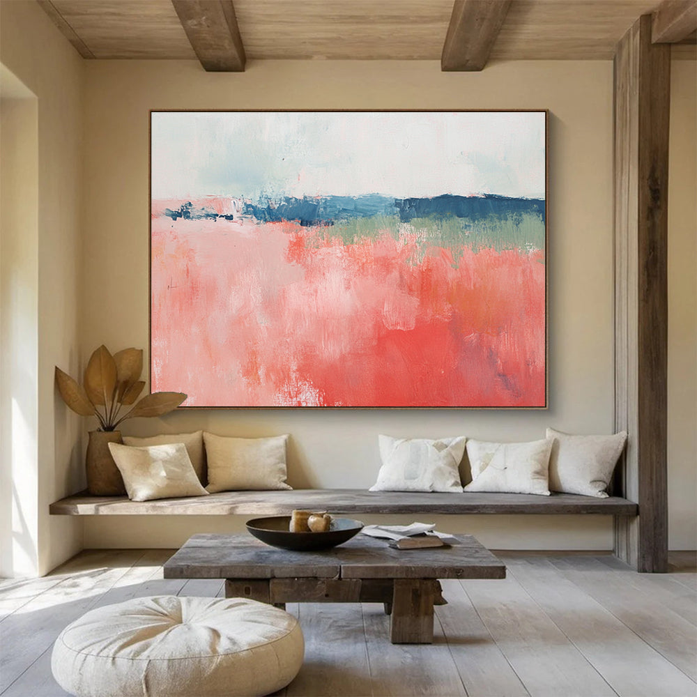 Coral Pink and Blue Abstract Painting with Expressive Brushstrokes DYP216