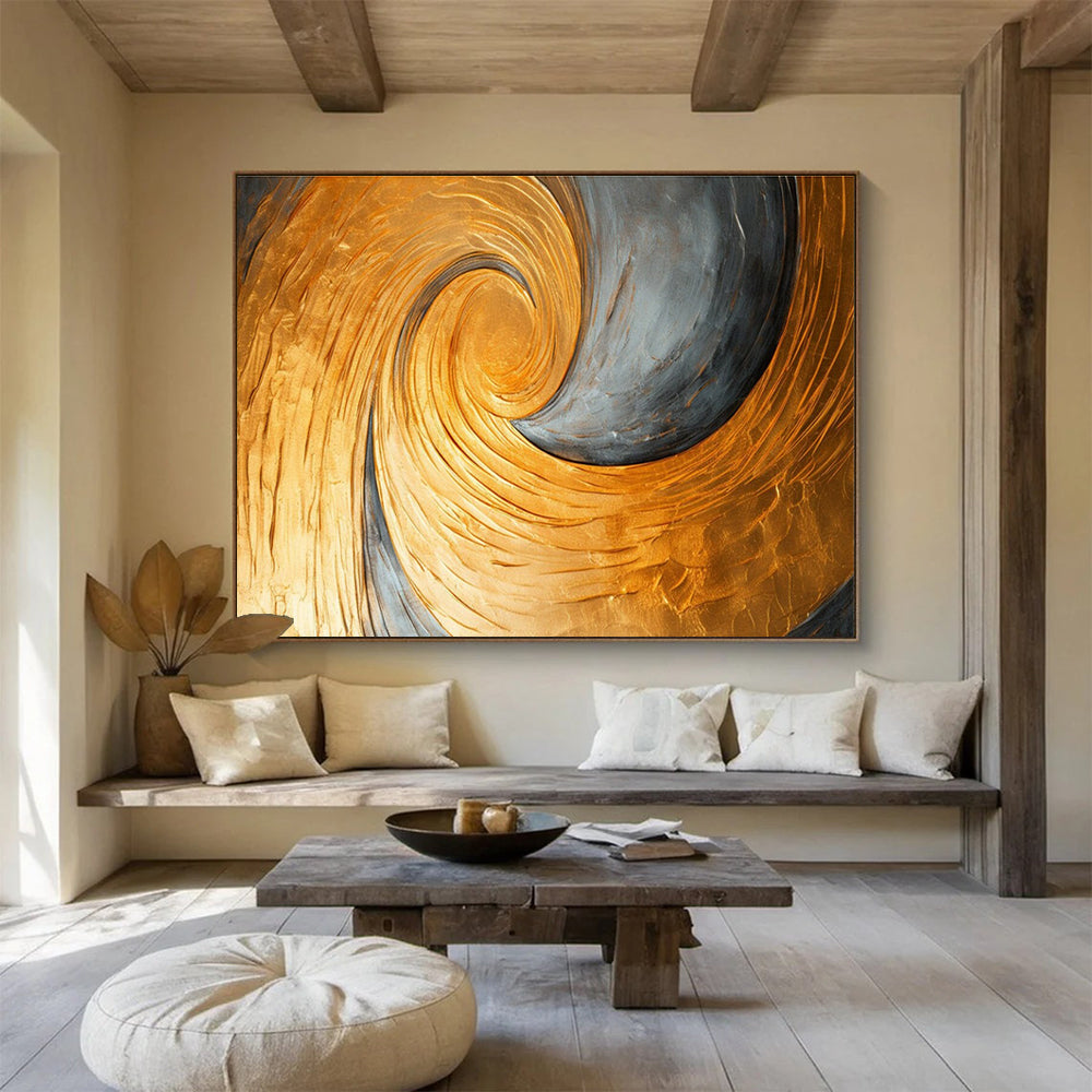 Gold and Grey Spiral Abstract Painting with Metallic Gold and Grey Tones THY176