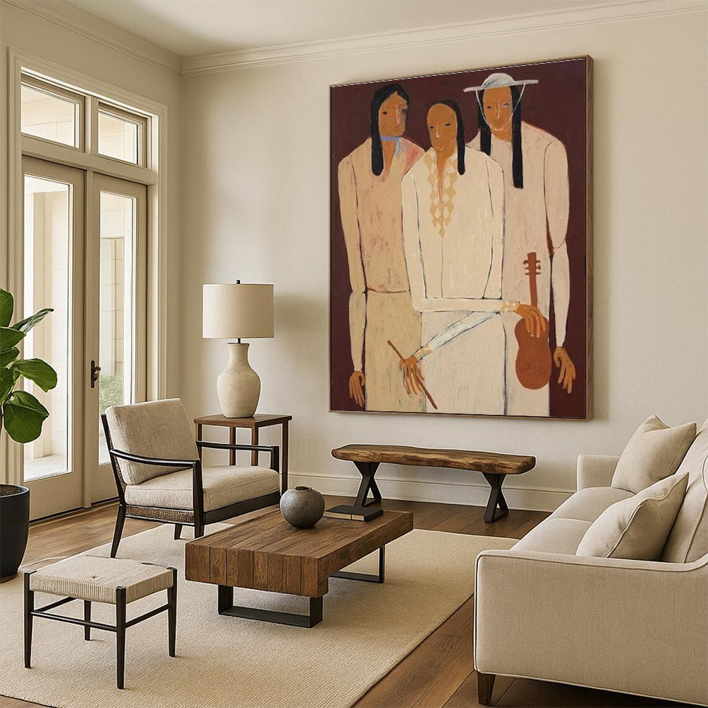Three Figures in Light Tones on Dark Background Abstract Painting ADGE141