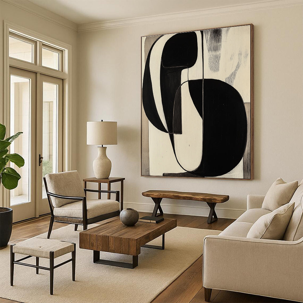 Large abstract painting reminiscent of Jean Arp featuring black and white shapes on a wood panel for a striking visual impact.STSC472