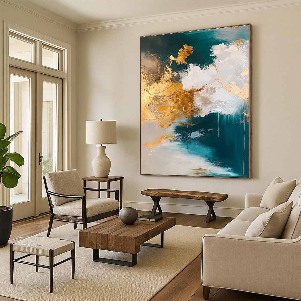 Teal and Gold Abstract Painting with Cloud - like Textures GER630