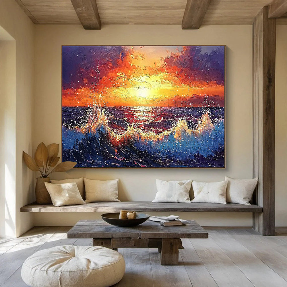 Sunset Sea Abstract Painting with Orange, Red, and Blue Tones THY165