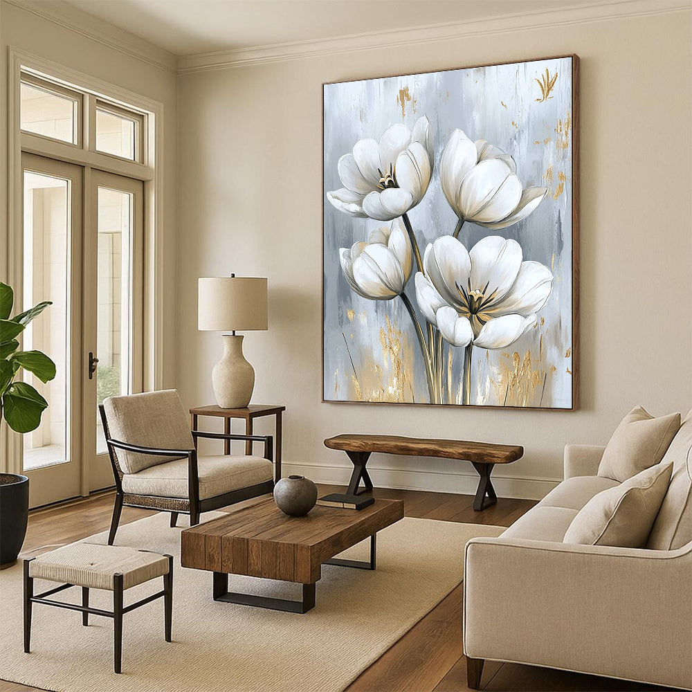 Large abstract painting featuring white tulips with delicate petals and gold embellishments perfect for elegant home interior design.STSC1478