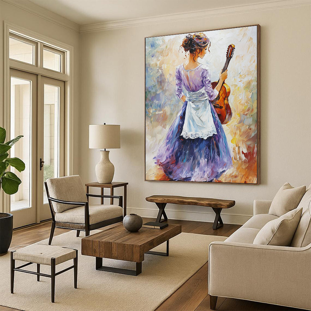 Large abstract oil painting featuring an elegant figure in a light purple dress and dark blue skirt holding a guitar with vibrant colors and soft lighting.STSC1373