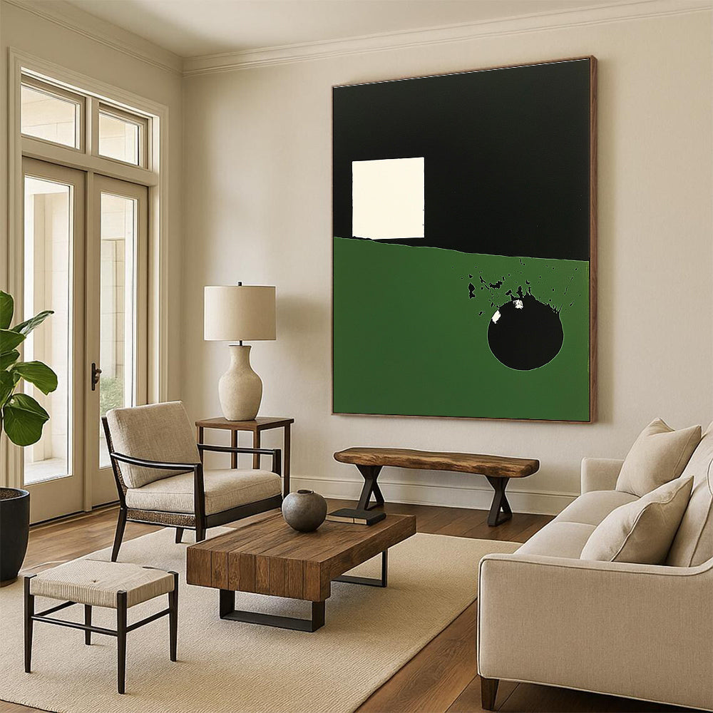 Large abstract painting featuring dark green and black shapes a white irregular square and a prominent circle with black overlay.STSC130