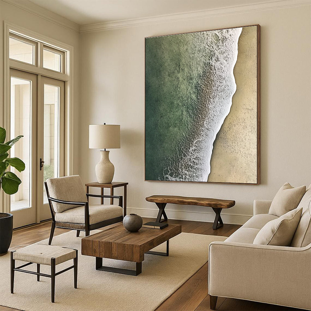 Large abstract painting of soft textured sand meeting green and white water from an aerial view, evoking serenity and natural beauty.STSC1159