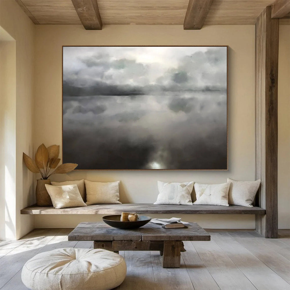 Monochrome Lake Abstract Painting with Cloud Reflections THY124