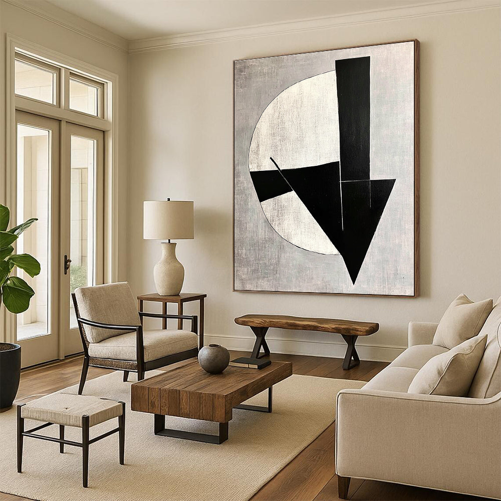 Large abstract painting with black and white shapes on a gray background featuring modernist simplicity and deconstructed minimalism with subtle tonal values.STSC1112