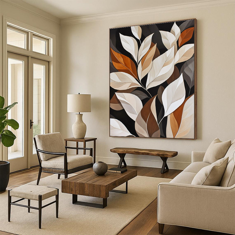 Large abstract painting of white leaves on a black background featuring elegant brown and beige tones with detailed foliage and soft lines.STSC1151