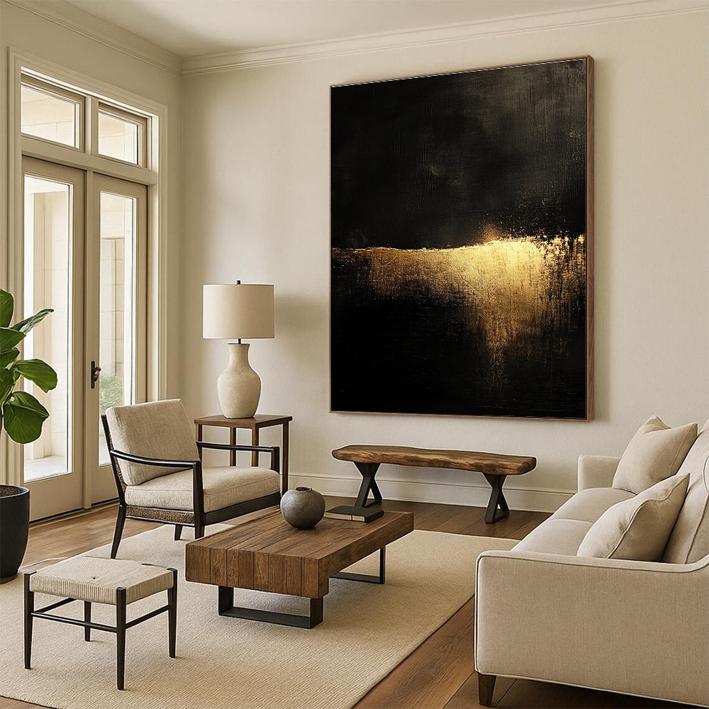 Abstract landscape featuring golden light on a dark textured ground in the style of John Harris with a minimalistic aesthetic.STSC075
