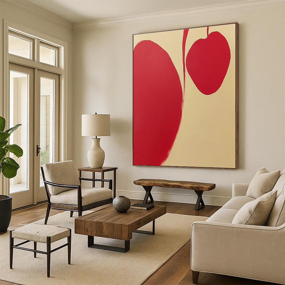 Abstract painting featuring red and cream-white background with two minimalist apple petal shapes and clean lines without shadows.STSC1105
