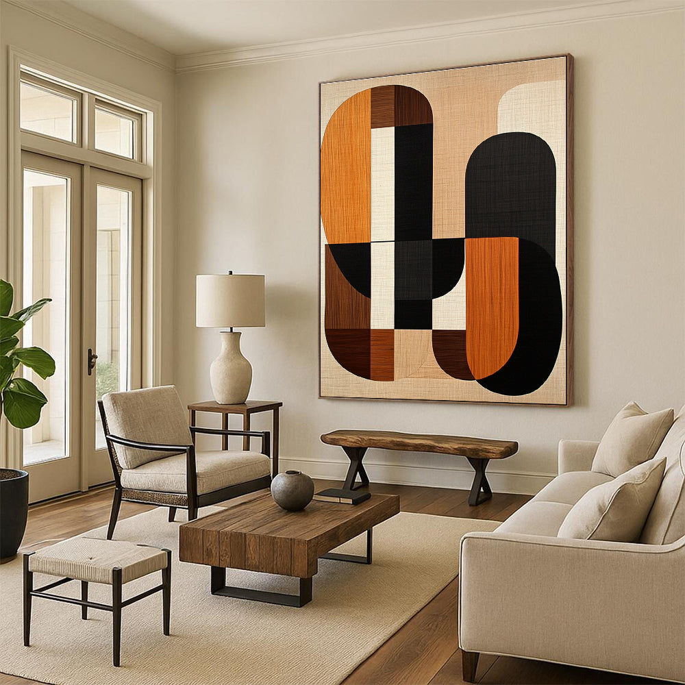 Large abstract artwork featuring mid-century modern shapes in earth tones with wood grain and black lines on a beige background.STSC1319