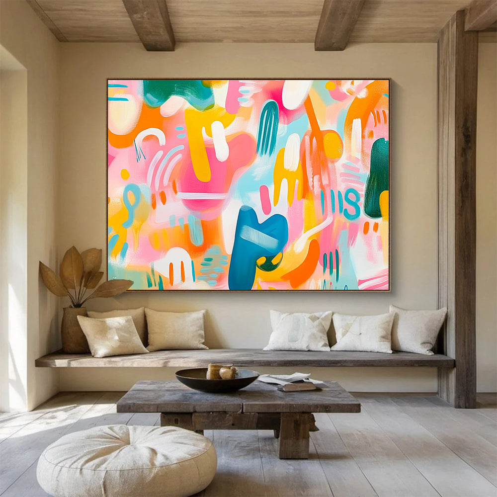 A vibrant abstract painting featuring playful shapes and colors in shades of pink orange and blue against a soft pastel background full of energy.SC483