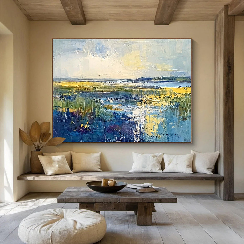 Large abstract landscape painting of the North Sea featuring blue green and yellow hues with an overcast sky on oil-painted canvas.SC072