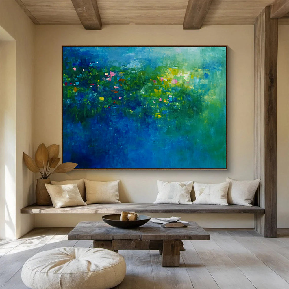 An abstract painting of an underwater garden with vibrant blues and greens featuring aquatic plants and small fish creates serene nature's dance.SC339
