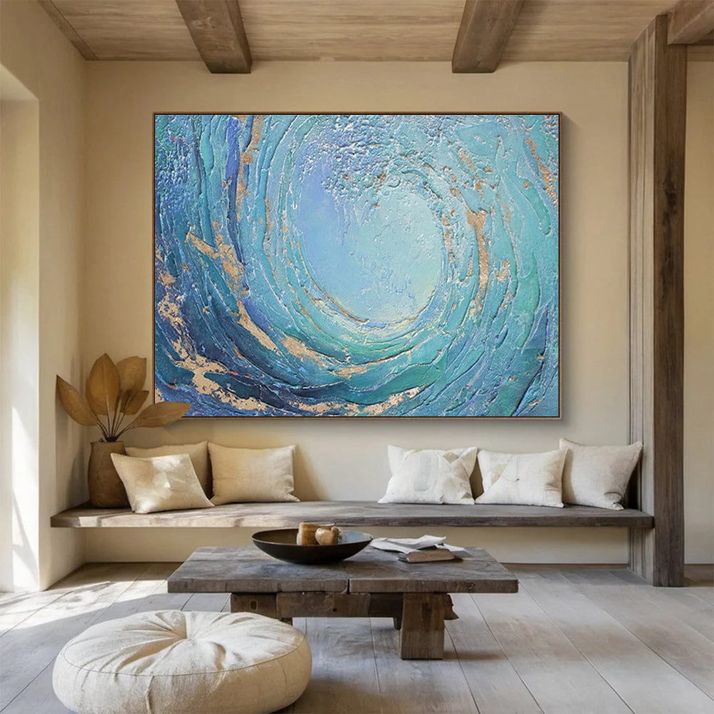 Circular Ocean Wave Abstract Painting with Blue and Golden Accents THY256