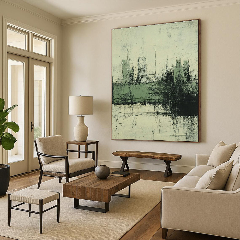 Large abstract painting of the city in muted green and grey tones with a distressed vintage oil paint texture and faded background.STSC339