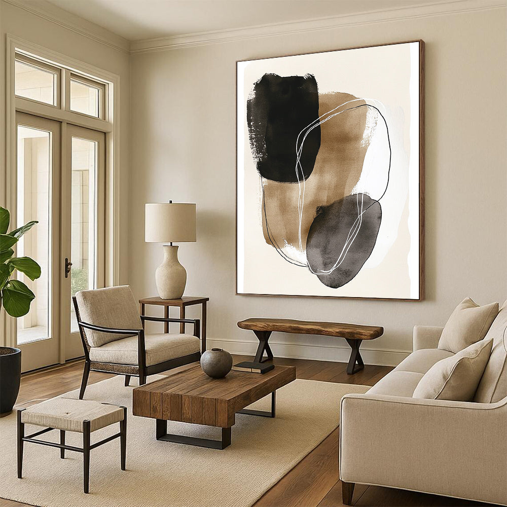 Large abstract art featuring minimal line art with dark gray and beige shapes outlined in white on a beige paper background.STSC1459