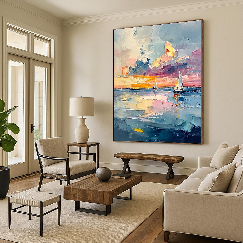 Large abstract painting of the sea with textured layers and pastel skies featuring sailboats reflecting light like gems across the canvas.STSC973