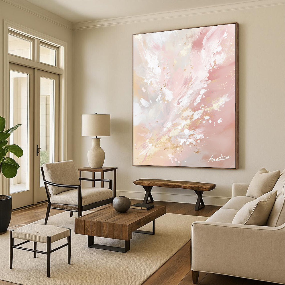 Large abstract painting in pastel pinks and whites with golden accents capturing nature's beauty and light in a serene atmosphere signed by Anastasia.STSC1201