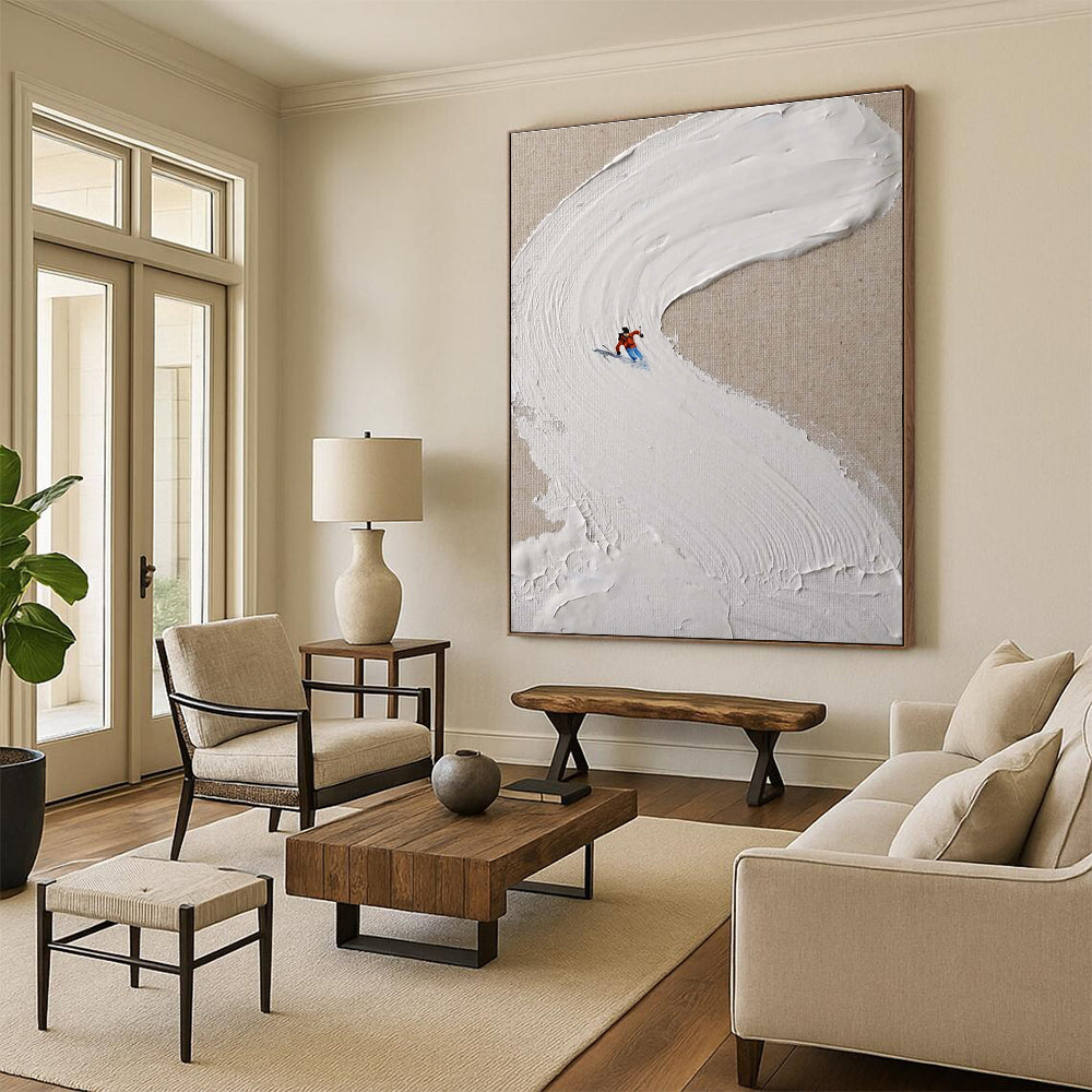 White Textured Ski Slope Abstract Painting with Red Accents ADGE311