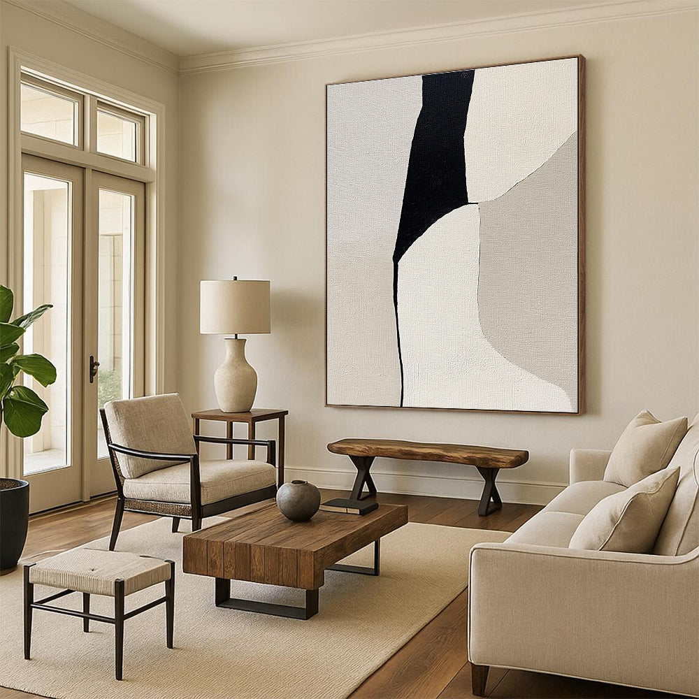 Abstract painting featuring a woman's form in shades of gray and beige on light gray canvas highlighting minimalism and depth through negative space.STSC792