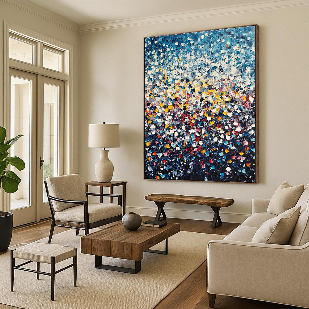 Large abstract painting featuring thousands of tiny flowers in blue yellow and red against a dark gradient background in Whistler's impressionistic style.STSC1140