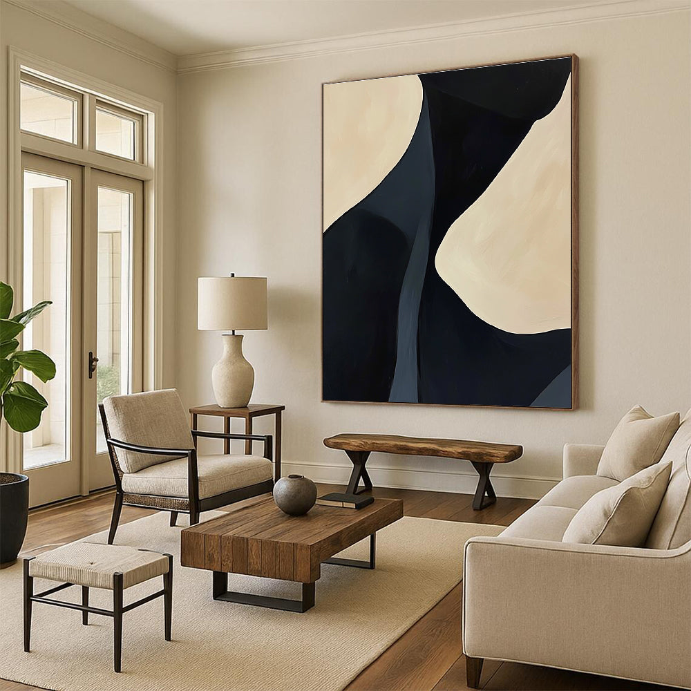 A large abstract painting featuring black and cream feminine curves with organic lines creating a calming effect on a light background.STSC609
