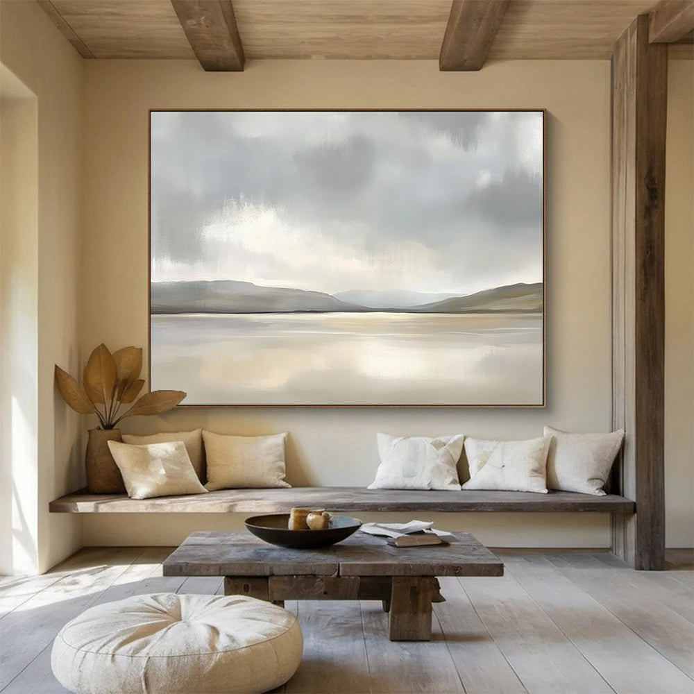 Minimalist Lake Scene Abstract Painting with Grays and Beiges DYP233