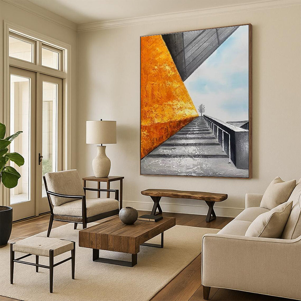 Architectural Landscape Abstract Painting with Orange and Gray ADGE281