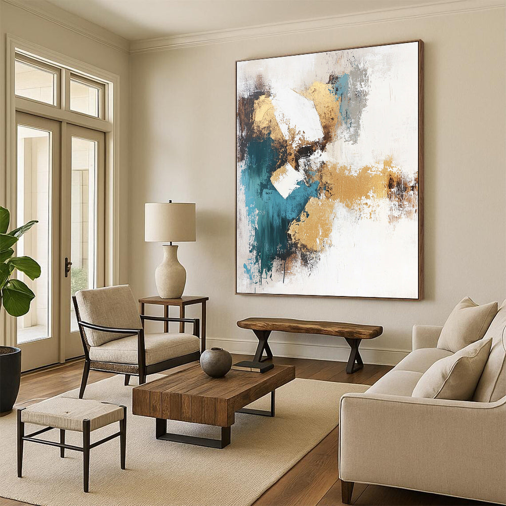 Large abstract painting in beige and teal tones featuring gold foil accents on a white background. Perfect for modern decor.STSC211