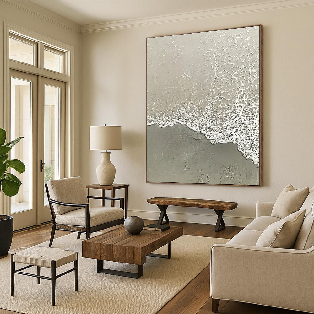 Abstract painting depicting the serene transition of water meeting sand with muted tones of grayish-white and light green.STSC955