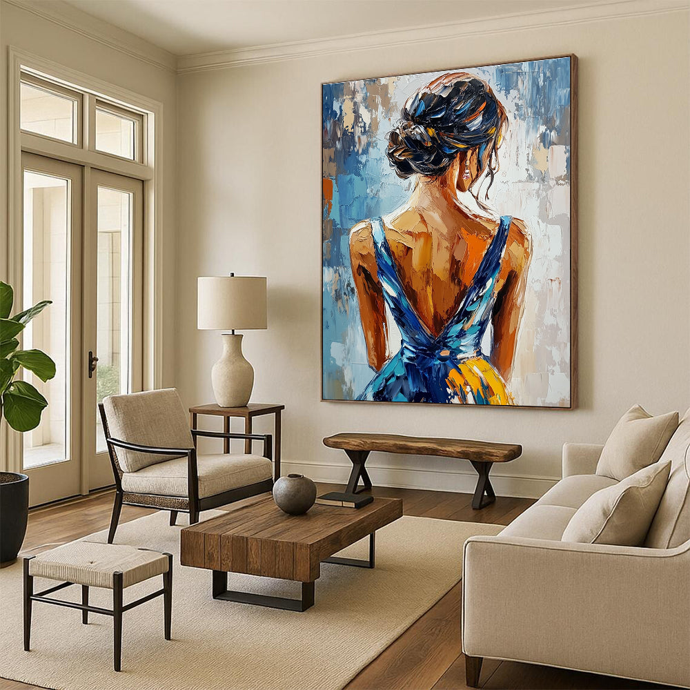 An abstract painting featuring an elegant woman in a blue and yellow dress seen from behind with vibrant impasto brushstrokes.STSC863
