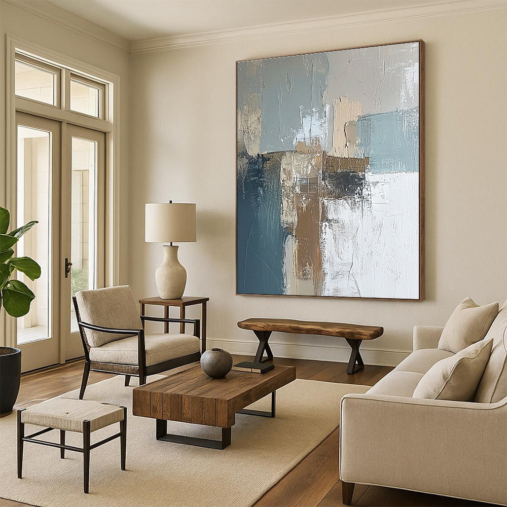 Large abstract painting of an Irish landscape featuring soft muted blues and browns with textured brush strokes for a serene ambiance.STSC650