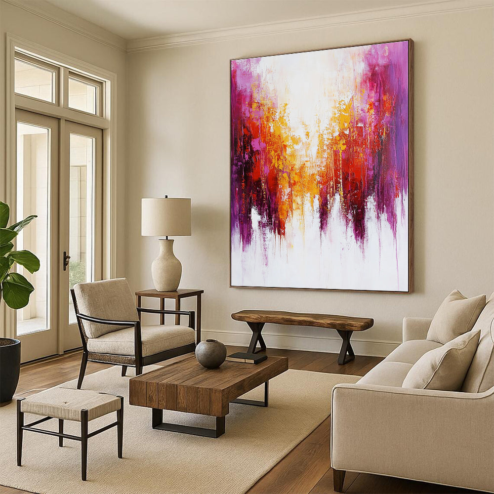 Large abstract painting featuring soft red and purple brushstrokes with hints of yellow and dripping paint on a white background.STSC416