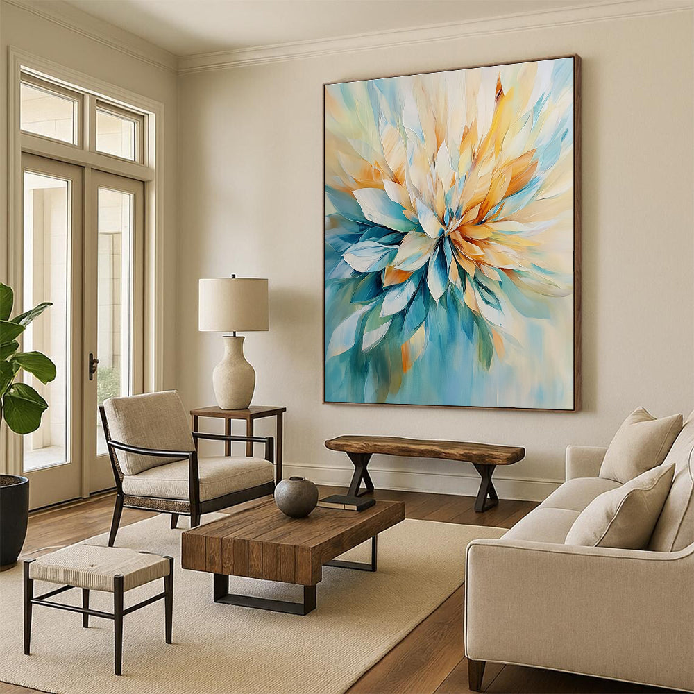 Large abstract painting in light teal and beige featuring loose brushwork and oversized petals.STSC435