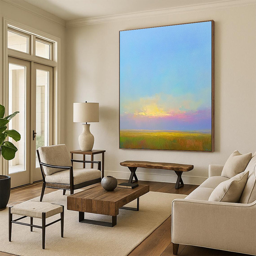 Large abstract painting featuring green fields under a soft blue sky with pink clouds highlighting Impressionist brushstrokes and serene natural beauty.STSC888