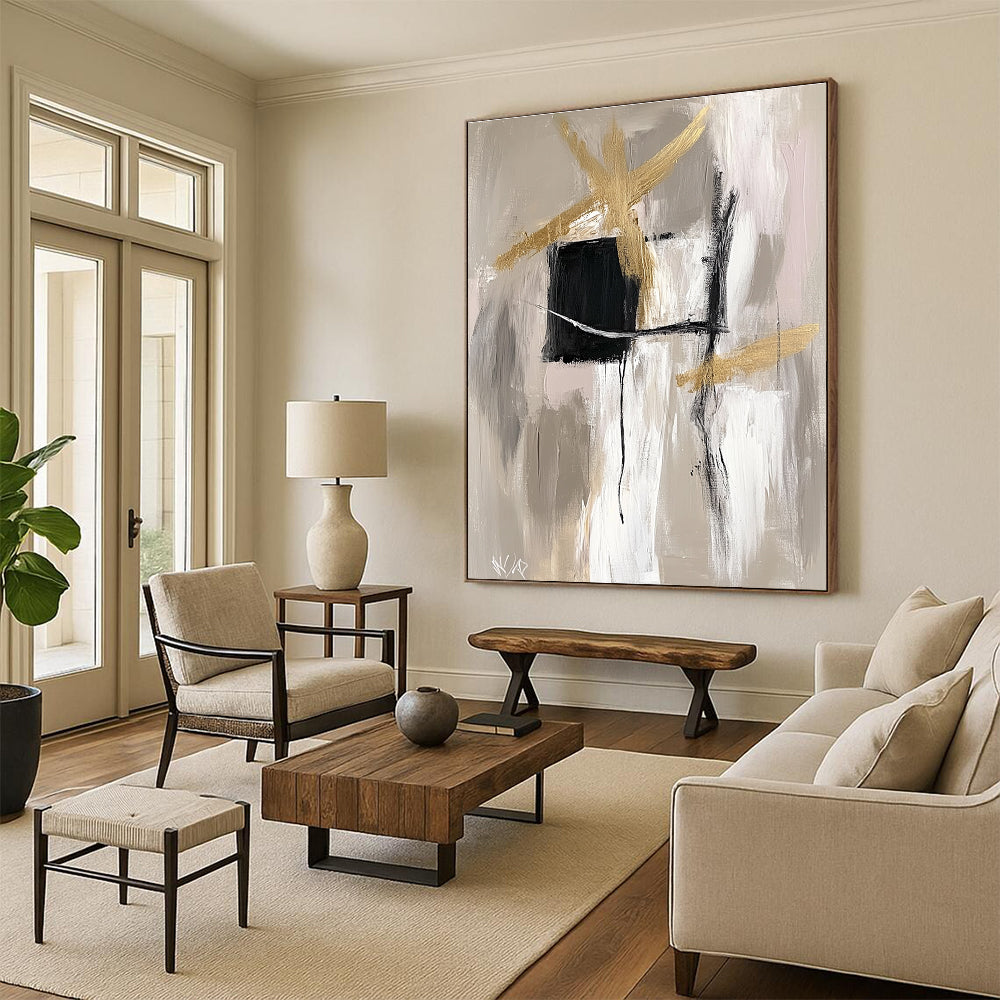 Gold Black and Gray Abstract Painting with Dynamic Strokes GER690