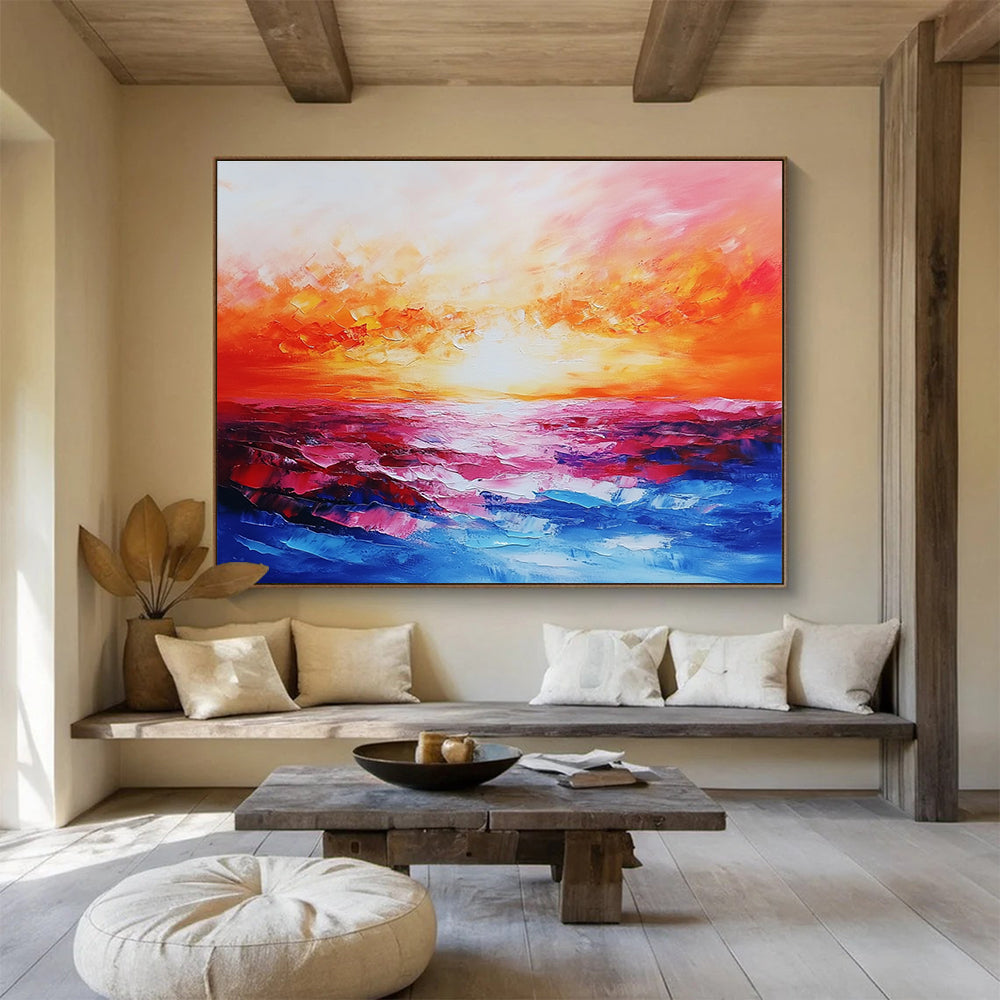 Abstract landscape painting capturing a vibrant sea at sunset with rich reds, oranges, pinks, and blues, expertly created using a palette knife technique.SC074