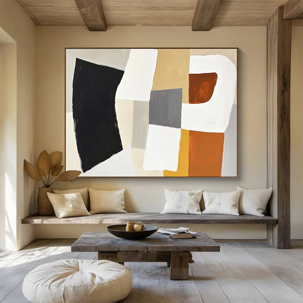Large abstract painting in white and grey with orange accents featuring soft black shape and beige square in balanced composition.SC513