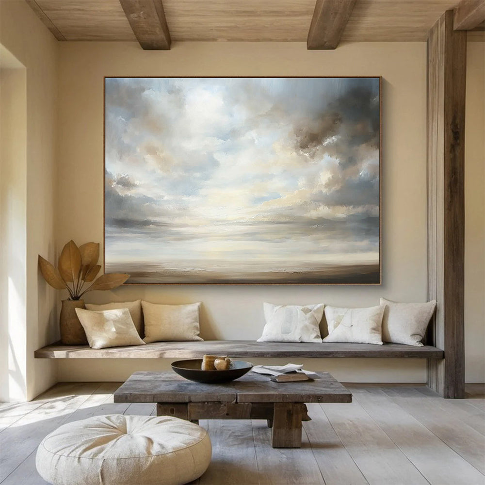 A large abstract painting featuring an open sky with billowing clouds in soft pastels, symbolizing peace and infinite possibilities.SC560