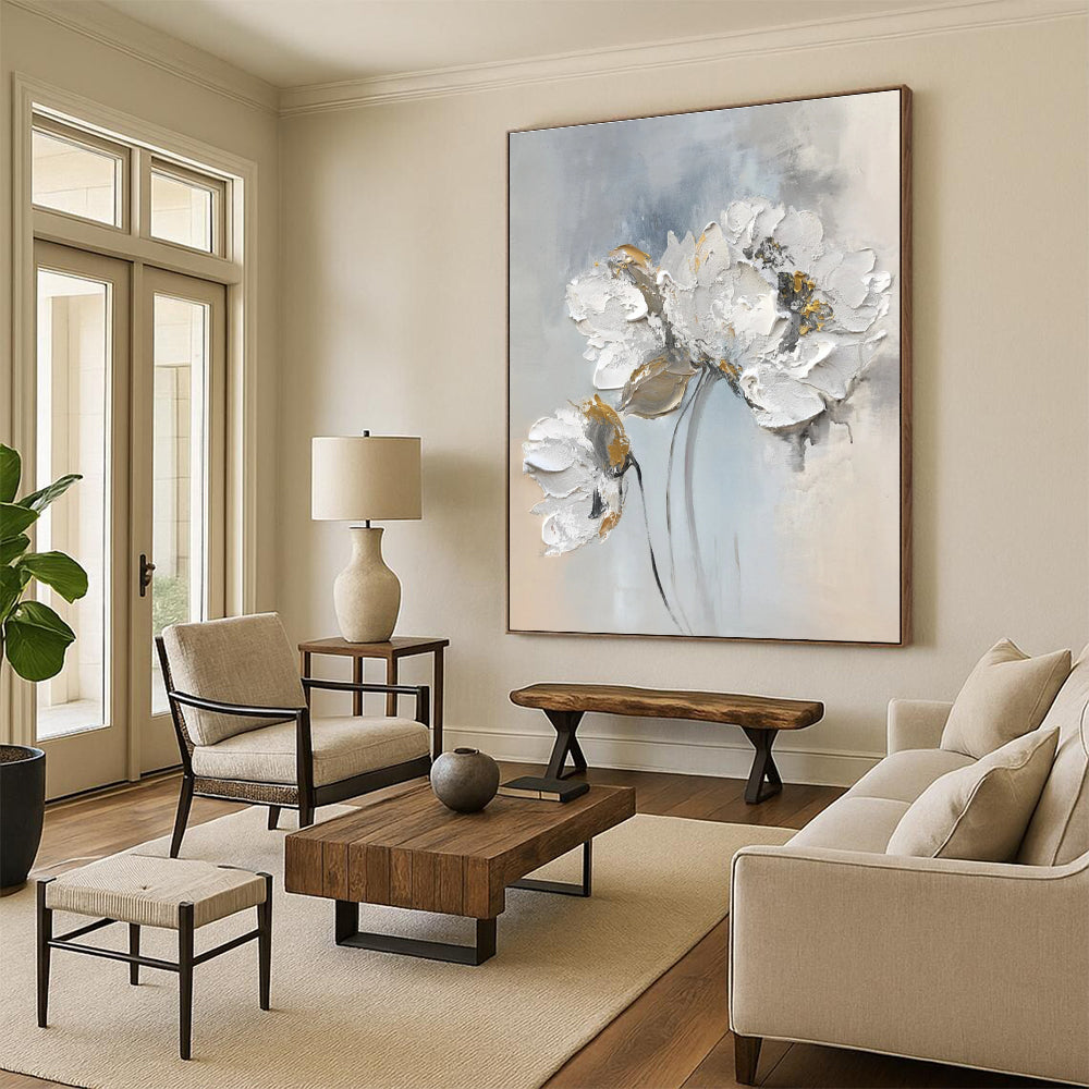 Textured Floral Abstract Painting with Gray and Gold Accents ADGE447