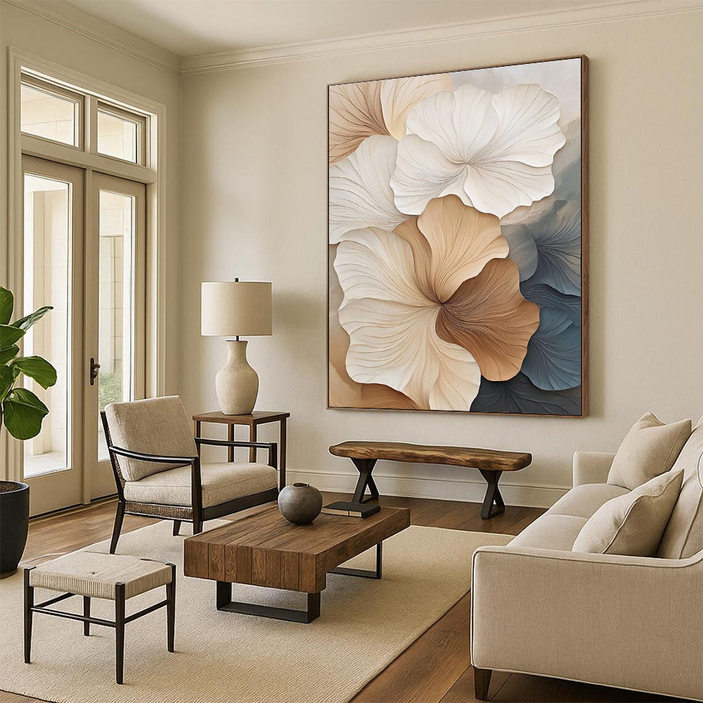 Large abstract artwork featuring textured petals in beige and white showcasing fine lines and depth against a minimalist background.STSC963
