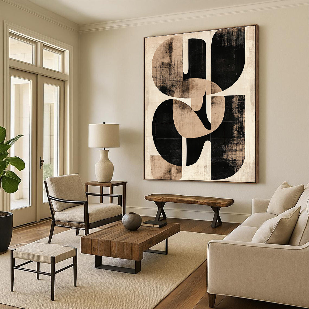 Large abstract artwork featuring beige and black shapes inspired by Paul Klee with sepia tones printed on aged paper showcasing the initials SG.STSC469