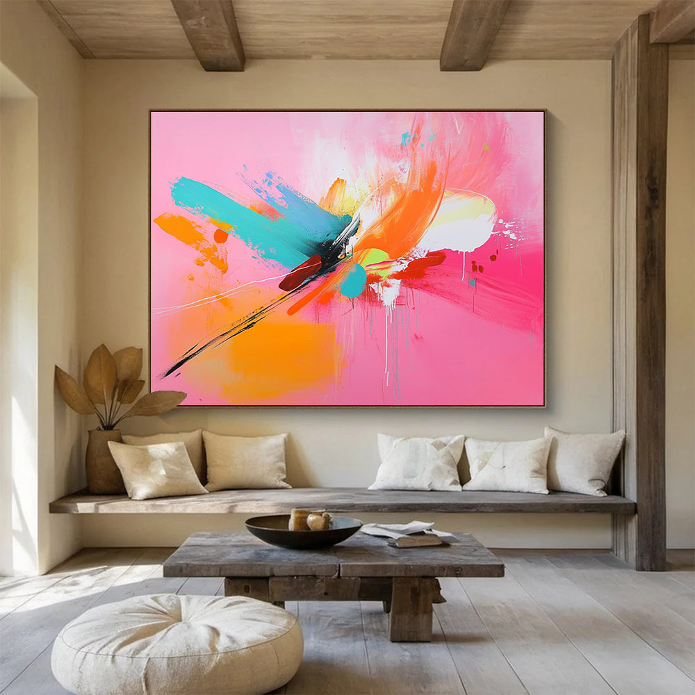 Vibrant Pink Abstract Painting with Bold Color Splashes DYP381