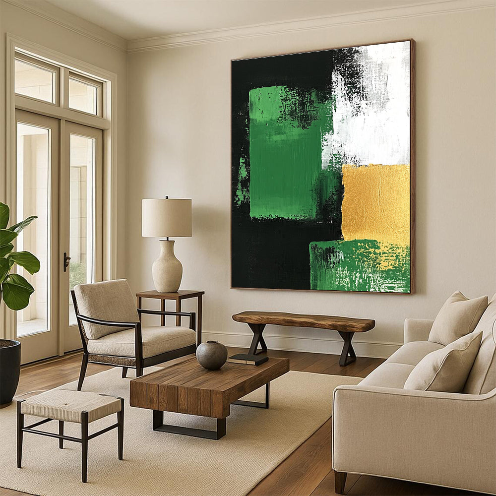 Green Gold and Black Abstract Painting with Bold Geometry GER678