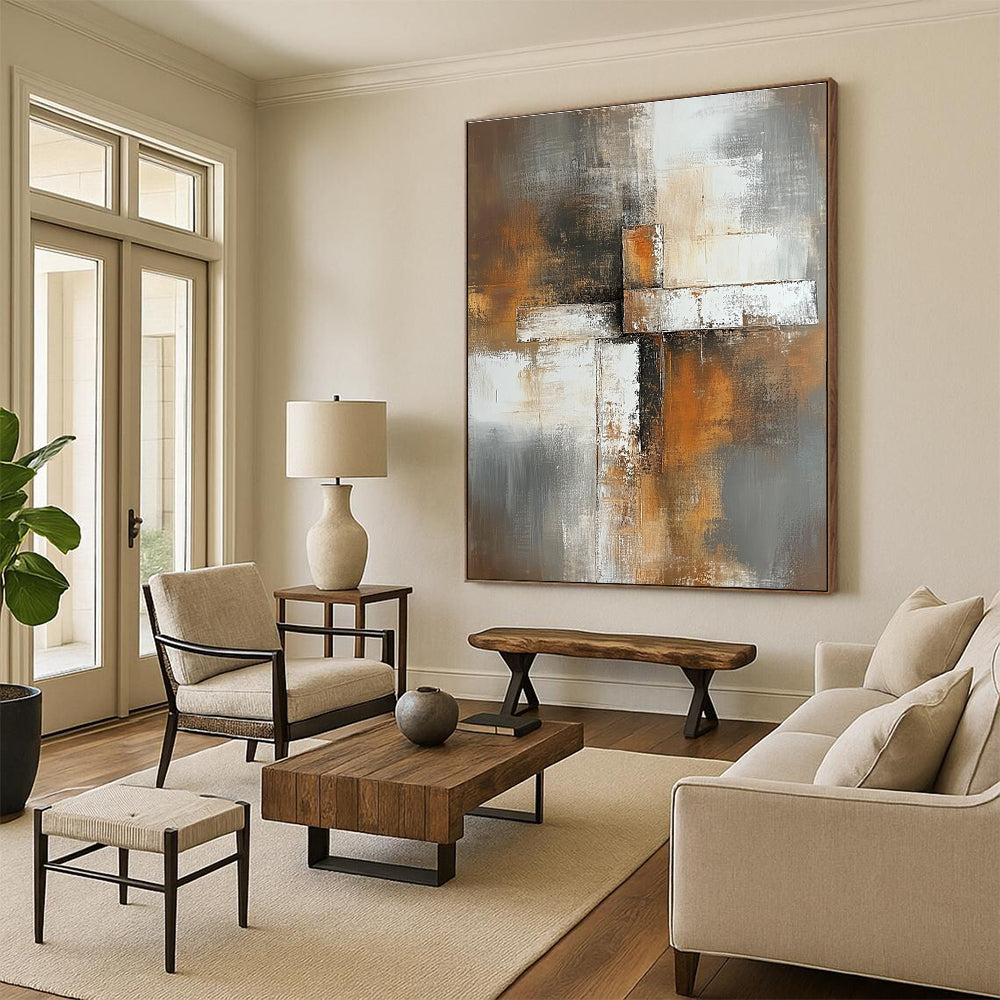 Abstrakt painting featuring soft gray brown and white tones with a blurred background and an elegant square cross in the foreground.STSC811