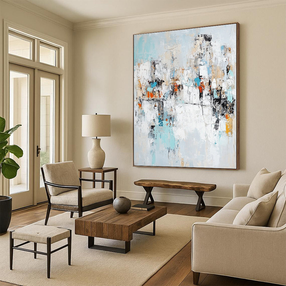 Large abstract painting in light blue white and gray showcasing urban shapes symbolizing diversity creativity and hope.STSC768