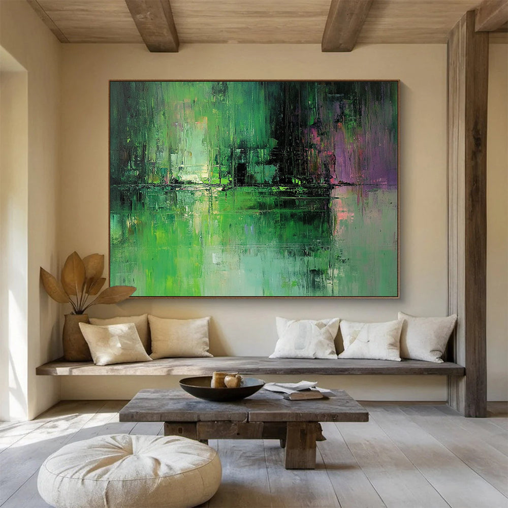 Large abstract oil painting of a green and grey lake with subtle reflections inspired by Jeremy Mann's muted color palette.SC114