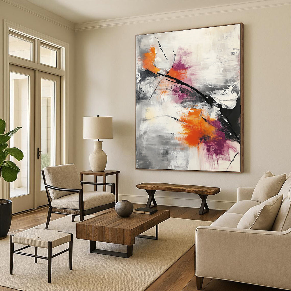 Large abstract painting featuring thick brushstrokes and splashes in gray white orange and pink with dynamic movement and modern depth.STSC817